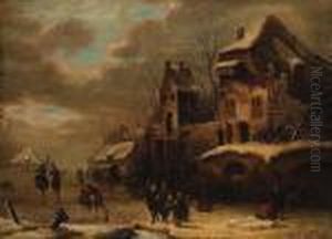 Figures On A Frozen Waterway By A Town Figures On A Frozen Waterway By A Town