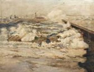 Opspattende Golven Bij Het Scheveningse Havenhoofd by Evert Moll