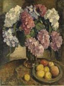 Colourful Hydrangeas And Fruits On A Table Colourful Hydrangeas And Fruits On A Table