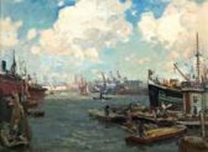 Bedrijvigheid In Rotterdamse Haven by Evert Moll
