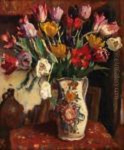 Tulpen In Een Beschilderde Aardewerk Kruik by Evert Moll