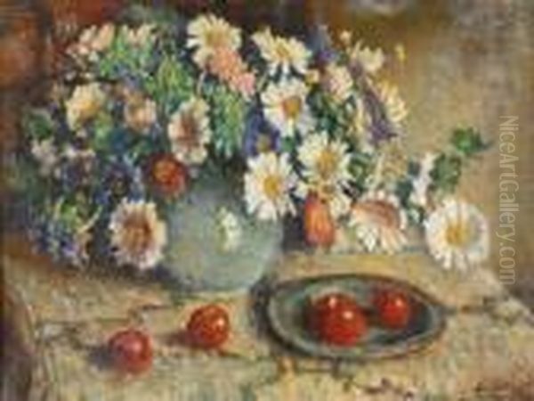 Veelkleurige Margrieten In Een Grijze Vaas - view 1