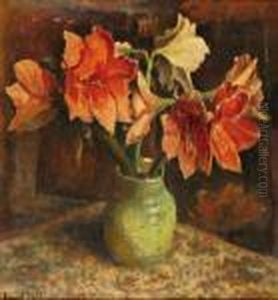 Stilleven Met Gladiolen In Een Groene Vaas by Evert Moll