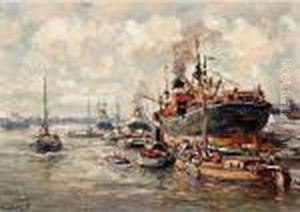 Zeeschip En Sleepboten In De Rotterdamse Haven by Evert Moll