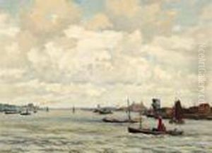 Rivierlandschap Met Vele Boten Rivierlandschap Met Vele Boten