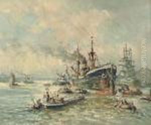 A Busy Harbour by Evert Moll