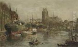 A Busy Day In The Harbour, Dordrecht by Evert Moll