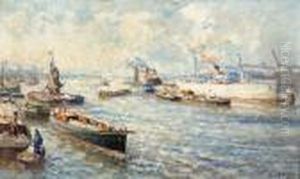 Ships In The Harbour Of Rotterdam by Evert Moll