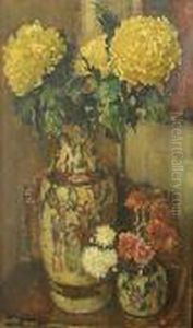 A Still Life With Chrysanthemums In Two Chinese Vases by Evert Moll