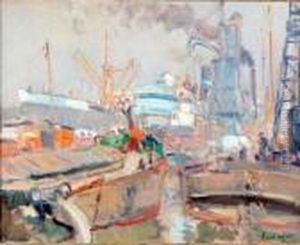 Rotterdam Harbour With Many Boats And Tugs by Evert Moll