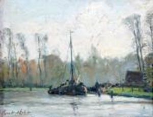 River Landscape With Moored Fishing Boat