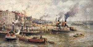 A Busy Day In The Harbour, Rotterdam by Evert Moll