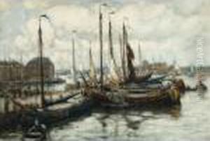 Moored Boats In A Dutch Harbour by Evert Moll