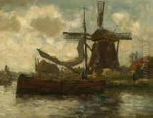 Mill By A Canal With Anchored Boat by Evert Moll