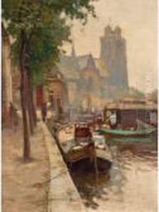 A View Of Dordrecht With Moored Boats In The Foreground by Evert Moll