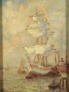 A Three-master At Anchor, Rotterdam by Evert Moll
