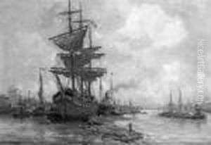 A Threemaster In Rotterdam Harbour by Evert Moll