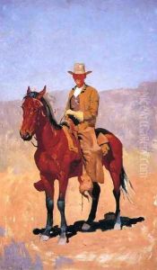Mounted Cowboy In Chaps With Race Horse by Frederic Remington