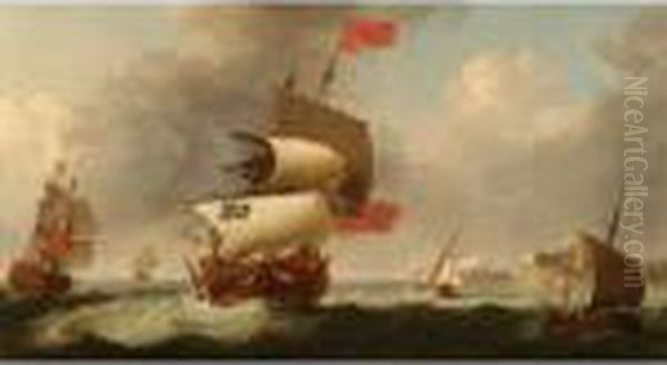 British Shipsunder Sail In Choppy Seas Beside A Coastline - view 1