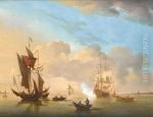 A Man-o'war Heaving-to In An Estuary Andfiring A Salute With Other Shipping Close By by Peter Monamy