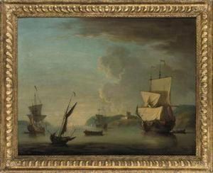 British Warships Lying In An Estuary With A Castle Beyond At Sunset