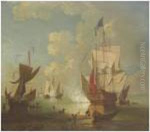 The Evening Gun, A British Man Of War And Other Shipping In Acalm by Peter Monamy