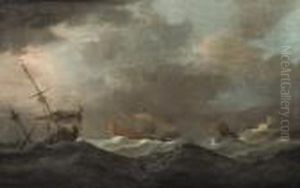 Shipping In Stormy Seas Near A Rocky Coast With A Fortress by Peter Monamy
