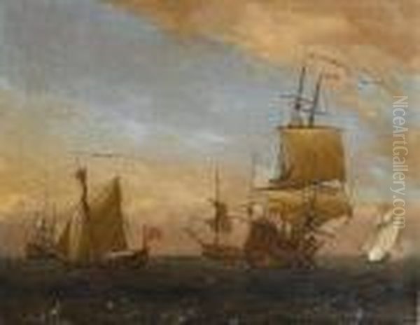 A Squadron Of The Red Gathered
Together With Two Admiralty Yachts Nearby, One Firing A Salute As She
Approaches The Flagship - view 1