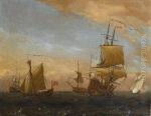 A Squadron Of The Red Gathered 
Together With Two Admiralty Yachts Nearby, One Firing A Salute As She 
Approaches The Flagship