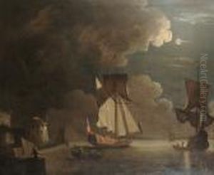 Ships Leaving Harbour On A Moonlit Night by Peter Monamy
