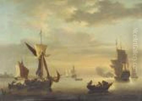 "the Evening Gun", Figures And
Fishing Boats In A Dutch Calm With A Warship Firing A Cannon Nearby,
Other Shipping Beyond Oil On Canvas, 49.5cm By 70cm *provenance: With
W.s. Wilson, Picture Frame Makers, Tower Chambers, 74 Moorgate, London
Ec2 Al - view 1