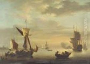 "the Evening Gun", Figures And
Fishing Boats In A Dutch Calm With A Warship Firing A Cannon Nearby,
Other Shipping Beyond Oil On Canvas, 49.5cm By 70cm *provenance: With
W.s. Wilson, Picture Frame Makers, Tower Chambers, 74 Moorgate, London
Ec2 Al by Peter Monamy