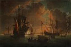 Seascape With A Man O' War Firing A Salute Seascape With A Man O' War Firing A Salute