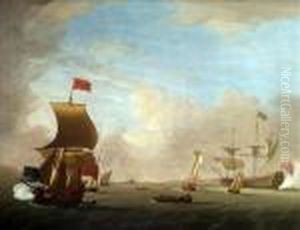 Men O'war Andother Vessels In A Wide Estuary by Peter Monamy