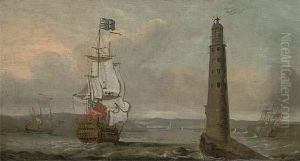 A British Man-o'war Running Past The Eddystone Lighthouse by Peter Monamy