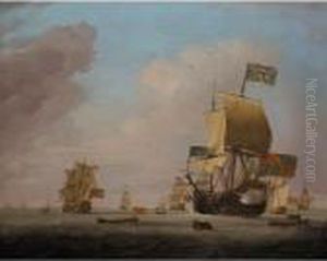The Albemarle 80/90 Guns-flagship Of Admiral Of The Fleet Sir
 John Leake, Kt. The English Fleet Coming To Anchor In The Bay Of
 Barcelona, 15th May 1708. Leake Saluted The Town With 21 Guns And
 Called A Council Of War On Board His Flagship Prior To T by Peter Monamy