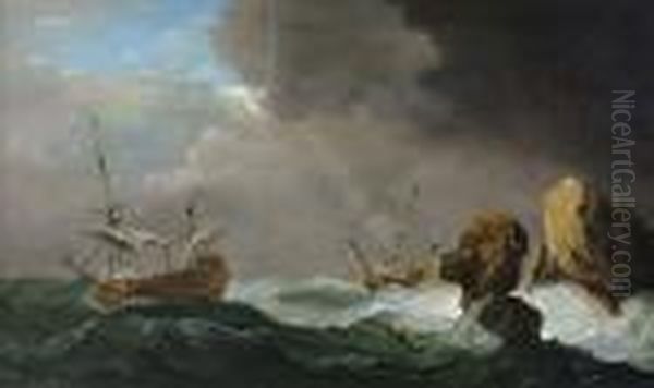 Shipping In Stormy Seas Off A Rocky Coastline, With A Ship Foundering On The Rocks - view 1