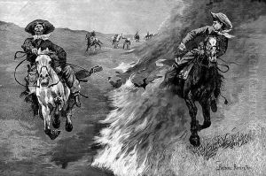 Dragging a Bull's Hide over a Prairie Fire in Northern Texas by Frederic Remington