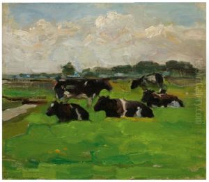 Polder Landscape With Group Of Five Cows