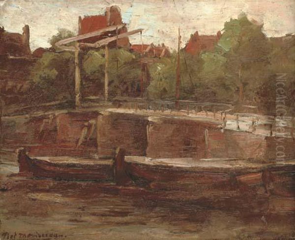 Waals-eilandgracht With Bridge And Flat Barges - view 1