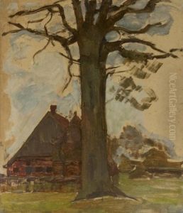 Farmstead Facade With Leafless Oak