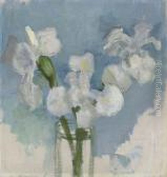 White Irises Against A Light Blue Background, I - view 1