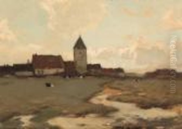 Cows In A Field, A Church And Houses Beyond - view 1