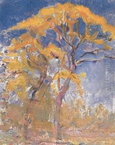 Two Trees With Orange Foliage Against Blue Sky by Piet Mondrian