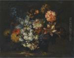 A Still Life Of Lillies, Honeysuckle And Other Flowers In A Vase On A Ledge by Jean-Baptiste Monnoyer