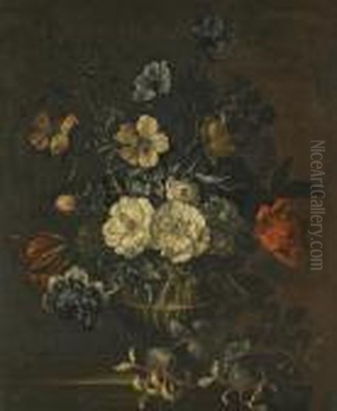 A Still Life With Honeysuckle,
Chrysanthenums, A Tulip And Other Flowers In A Stone Vase, On A Stone
Ledge - view 1