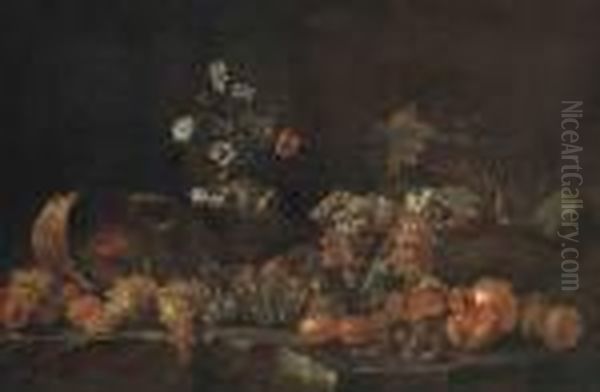 Grapes, Pomegranates, Apples, 
Lemons, Wicker Baskets And A Sculptedvase With Flowers On A Ledge - view 1