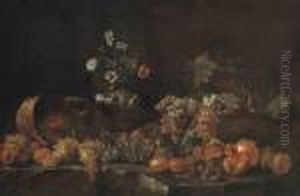 Grapes, Pomegranates, Apples,
Lemons, Wicker Baskets And A Sculptedvase With Flowers On A Ledge by Jean-Baptiste Monnoyer