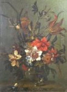 A Still Life With Tulips, 
Peonies And Other Springflowers In A Glass Bowl On A Table Top'
