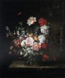 A Study Of Flowers In A Basket On A Shelf With Butterflies Andmoths